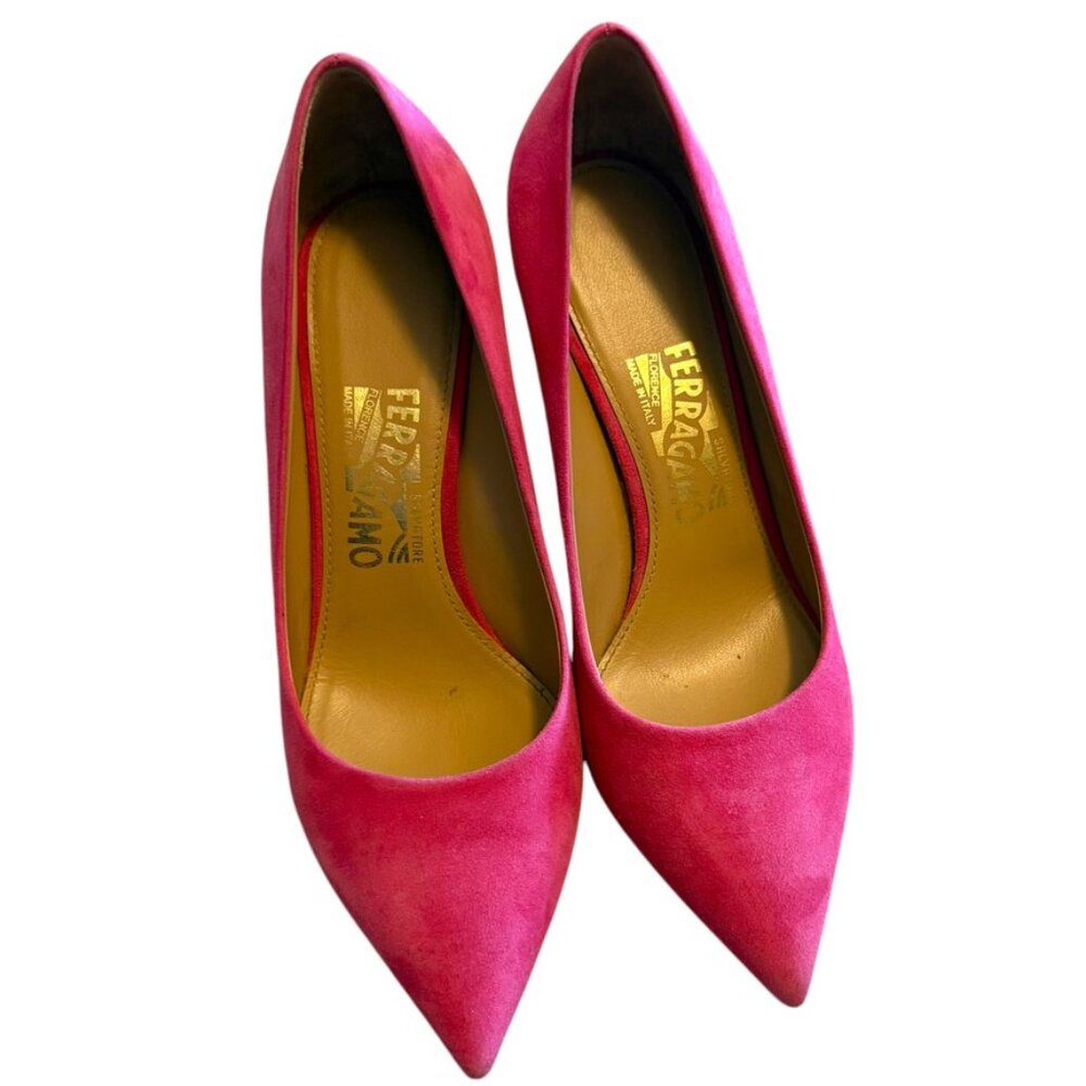 Salvatore Ferragamo Hot Pink 🔥 Suede Pumps Size 7.5 Kitten Heel Pointy toe - Picture 5 of 16